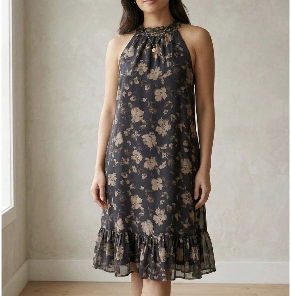 Ann Taylor Factory Dress Sz LP Chiffon High Tie Neck Sleeveless Floral Black NWT
